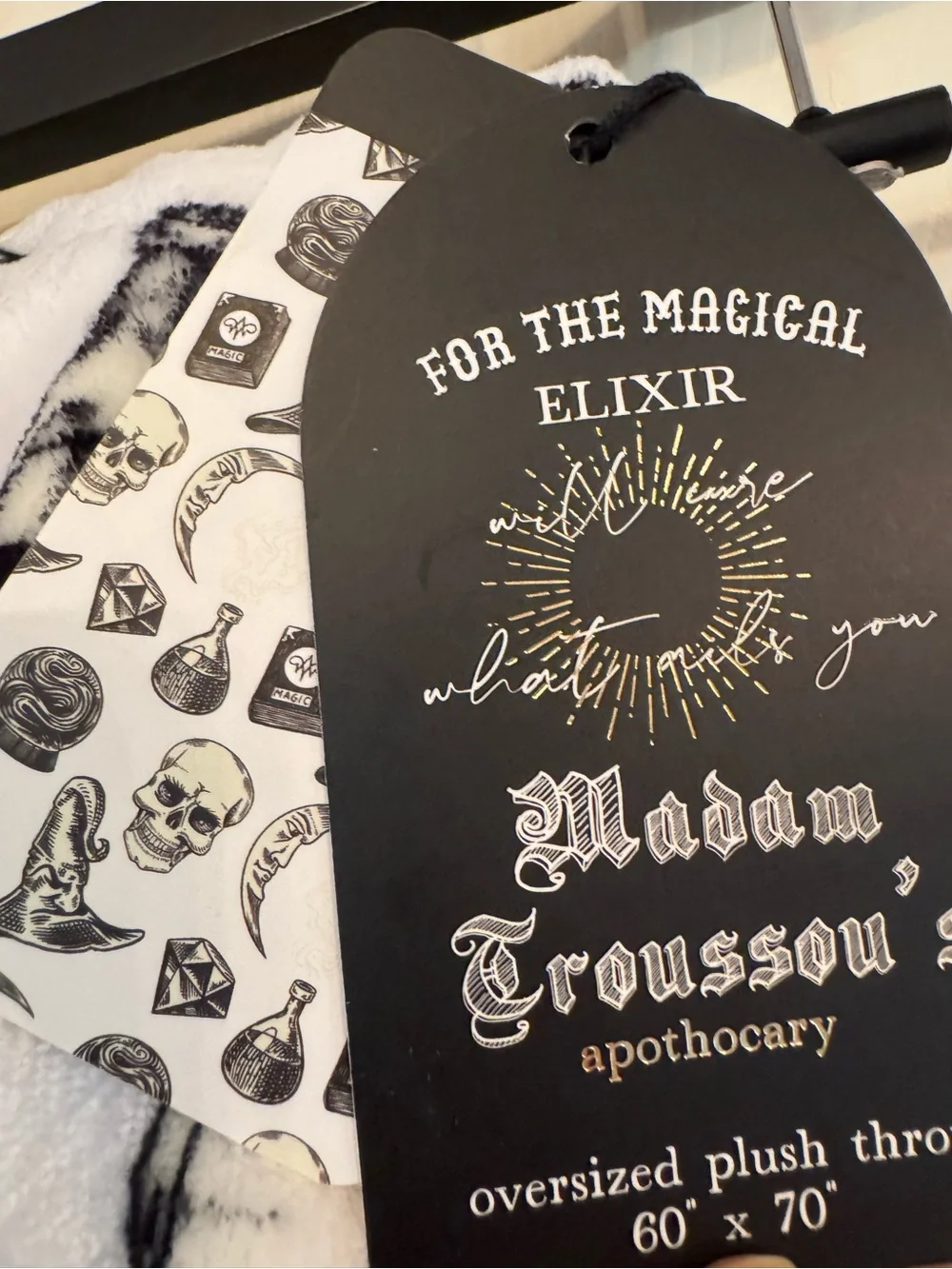 Madam Troussou’s Apothecary Black & White Witchcraft Print Plush Throw Blanket